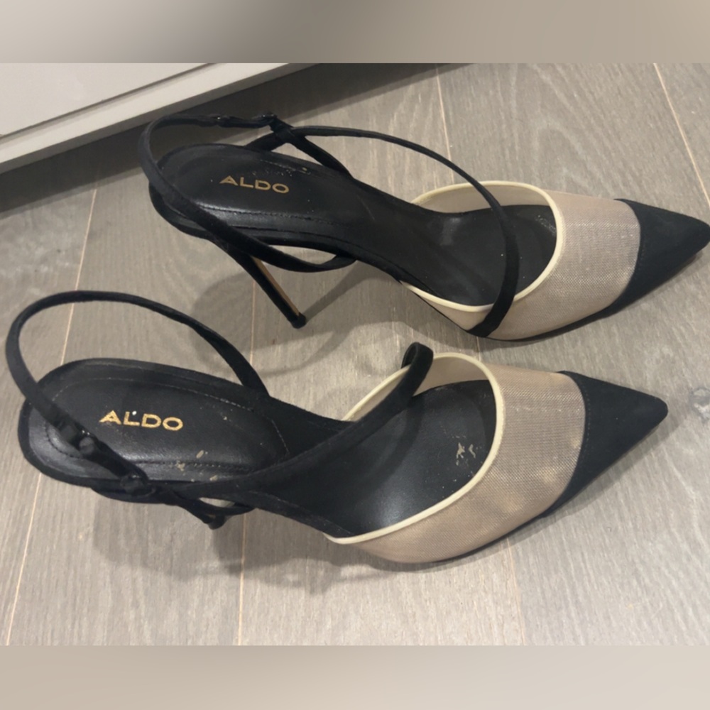 Aldo Black & Cream Pointed-Toe Slingback Heels